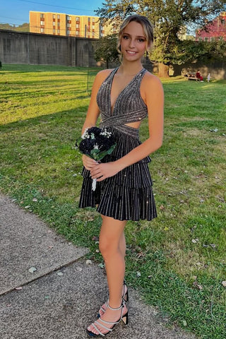Cute A Line V Neck Black Satin Tiered Homecoming Dress with Hot Stone AB25093008