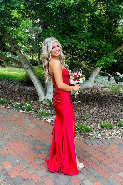 A Line Scoop Neck Red Satin Hot-fix Rhinestones Prom Dress with Slit AB26042110