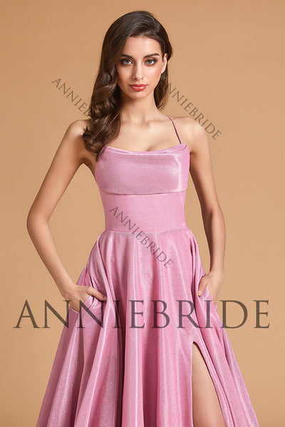 Cute A Line Scoop Neck Pink Sparkly Satin Prom Dresses with Slit AB061829