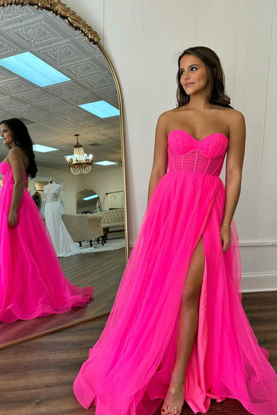 Cute A Line Sweetheart Hot Pink Tulle Long Prom Dress with Slit AB4021103