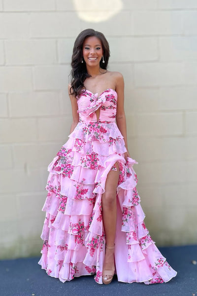 Fairy A Line Pink Chiffon Floral Print Satin Prom Dress with Slit AB25111203