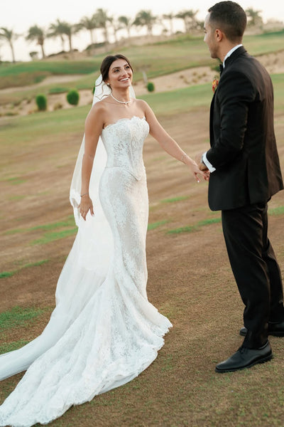 Romantic Mermaid Strapless Lace Long Wedding Dress with Appliques AB25101009