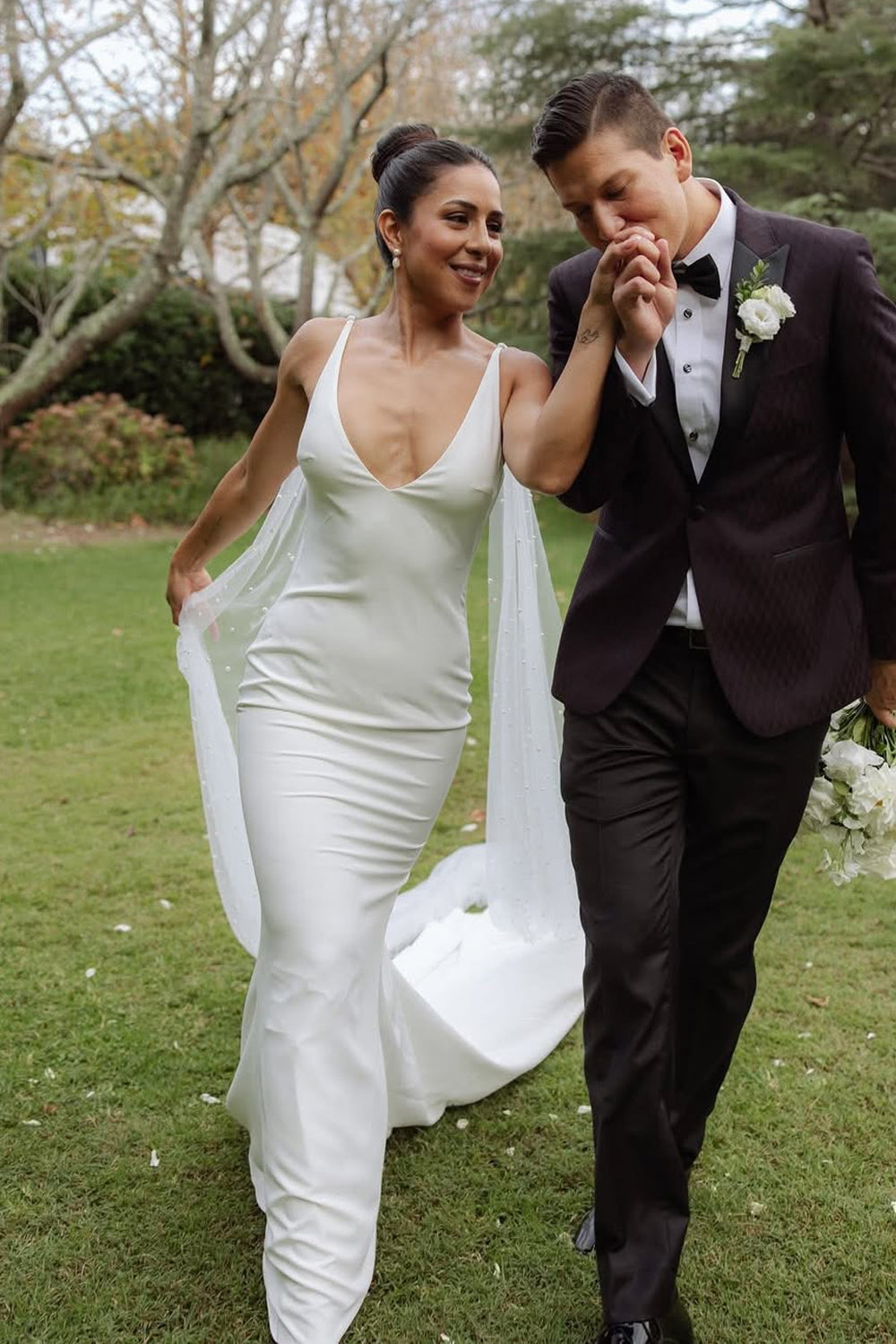 Elegant Mermaid V Neck Elastic Satin Long Wedding Dress AB25052802