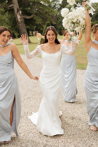 Mermaid Off the Shoulder Satin Wedding Dress with Lace Long Sleeves AB25092303