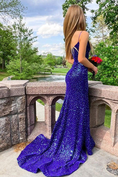Gorgeous Mermaid v Neck Royal Blue Sequins Long Prom Dresses AB061825