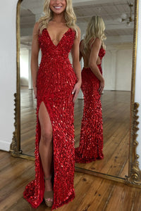 Exquisite Red V-neck Sequins Sleeveless Floor-length Mermaid Prom Dresses