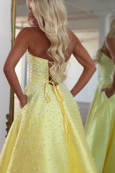 Cute A Line Strapless Yellow Satin Prom Evenning Dress with Hot Fix AB26033009