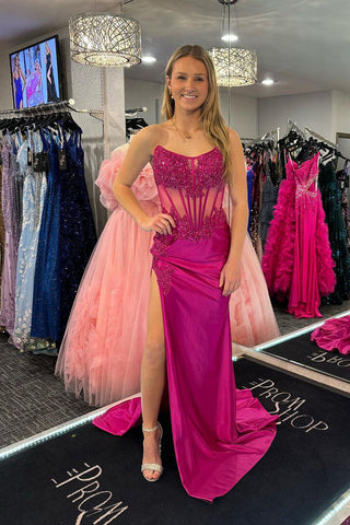 Charming Mermaid Scoop Fuchsia Satin Slit Prom Dress