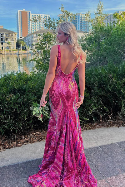 Sparkly Mermaid Deep V Neck Blue & Gold Sequins Lace Long Prom Dresses AB101001