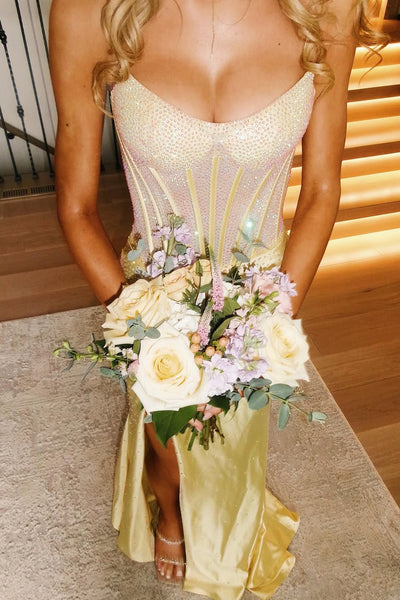 Charming Mermaid Scoop Neck Yellow Hot-Fix Satin Prom Dress with Slit AB26050708