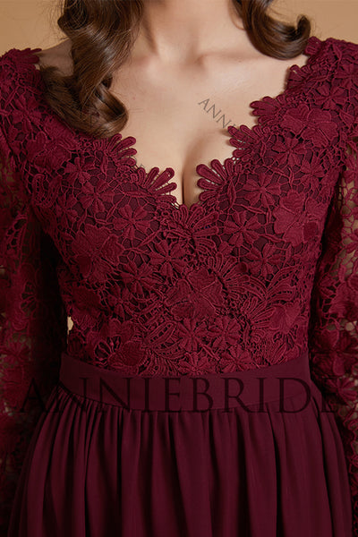 Elegant A Line V Neck Long Sleeves Burgundy Chiffon Bridesmaid Dresses with Lace ABBD061808