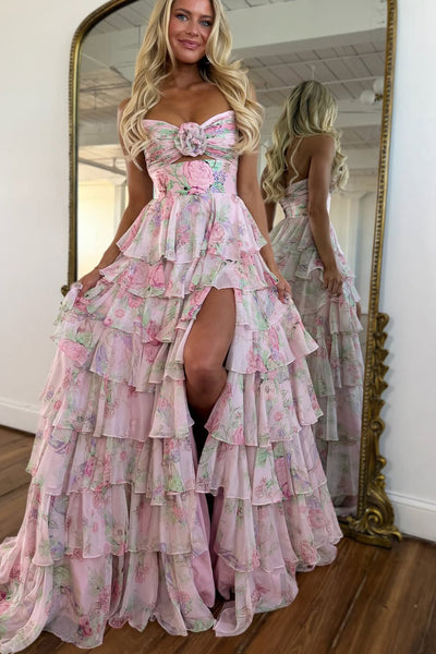 A Line V Neck Sweetheart Floral Chiffon Tiered Long Prom Dress with Slit AB26030502