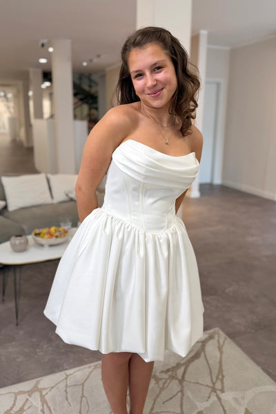 Simple A Line Strapless Satin Short Wedding Dress AB26102810