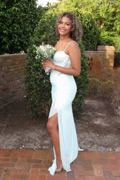 Sheath V Neck Aqua Chiffon Long Prom Dress with Lace AB26070717