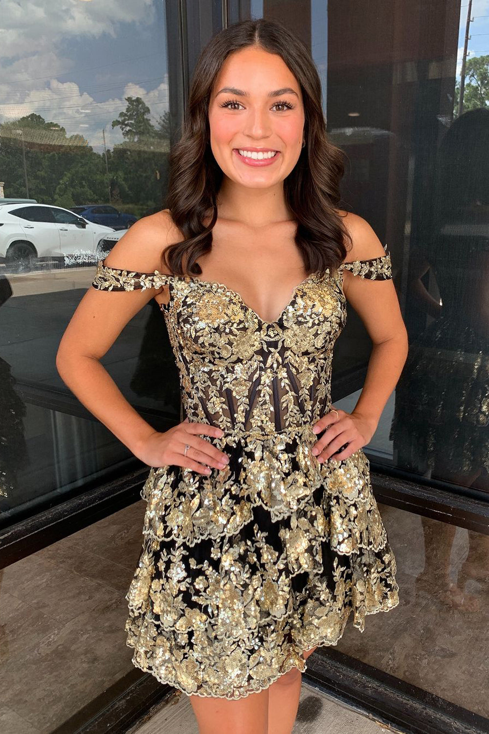 Cute A-Line Off the Shoulder Gold Lace Black Short Homecoming Dresses AB24081206 Anniebride Cute A-Line Off the Shoulder Gold Lace Black Short Homecoming Dresses AB24081206 Anniebride