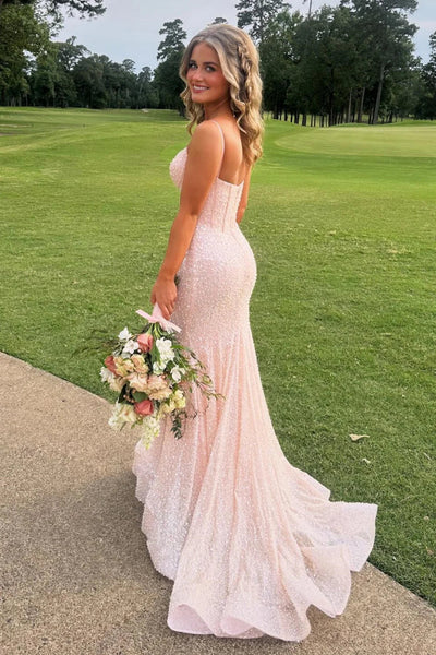Sparkly Mermaid V Neck Blush Pink Sequins Prom Dress VK05053102