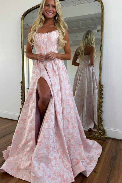 Gorgeous A Line Scoop Neck Light Pink Jacqaurd Satin Prom Dress with Pearls AB26040801