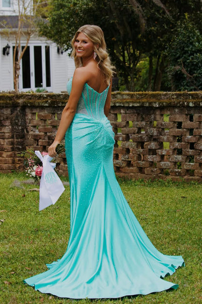 Sweet Mermaid Strapless Mint Satin Prom Dress with Hot-Fix Rhinestone AB26040510