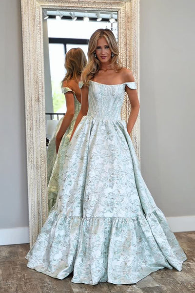 Cute A Line Off the Shoulder Jacquard Satin Prom Dress AB26032803