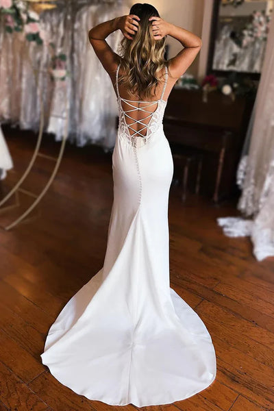 Simple Elegant Mermaid Sweetheart Elastic Satin Long Beach Wedding Dresses Slit AB24102008