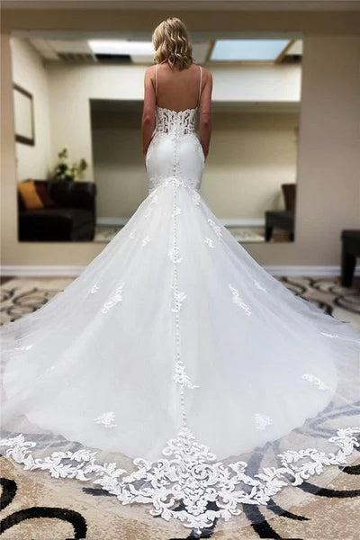 Elegant Mermaid V Neck Elastic Satin Long Wedding Dresses with Appliques AB24102007