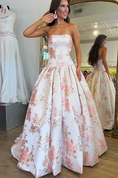 Ball Gown Strapless Jacquard Satin Prom Dress AB26102505