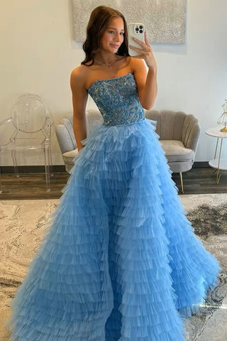 Gorgeous Ball Gown Blue Tiered Prom Dresses with Beading AB25051404