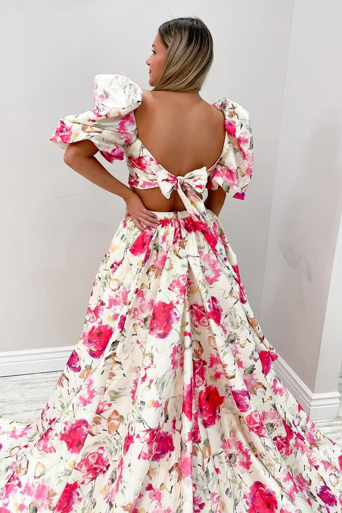 Cute Two Piece Floral Printed Puff Sleeves Long Prom Dress with Slit AB4051202 Anniebride Cute Two Piece Floral Printed Puff Sleeves Long Prom Dress with Slit AB4051202 Anniebride