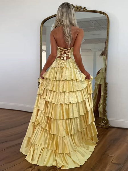 Cute A Line V Neck Daffodil Tiered Long Prom Dress with Rhinestones AB25102708