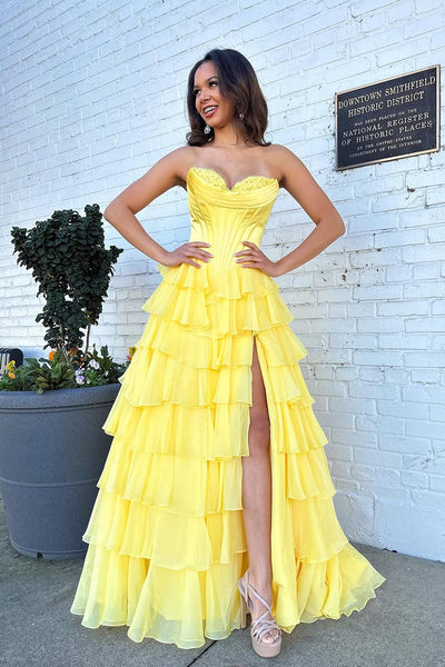 Cute Ball Gown Sweetheart Blue Chiffon Tiered Prom Dress with Slit AB25012001
