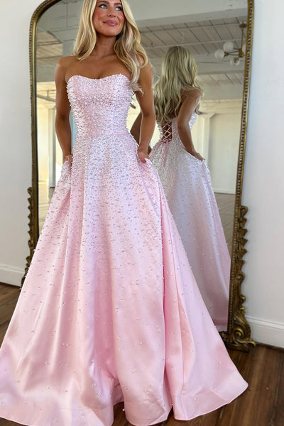 Gorgeous Ball Gown Sweetheart Pink Satin Prom Dress with Pearls AB25120605