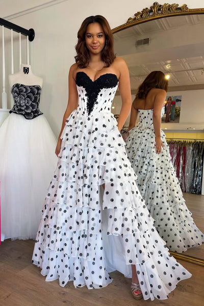Cute A Line Sweetheart White Black Dot Chiffon Prom Dress AB26020303