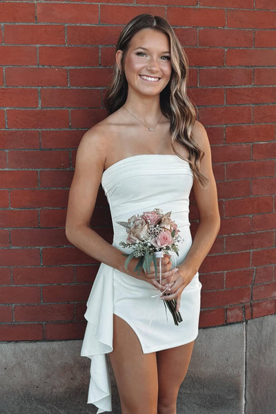 Cute Bodycon Strapls White Satin Short Homecoming Dresses AB25051402