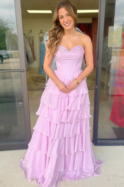 Cute A Line Sweetheart Pink Chiffon Tiered Prom Dress with Beading AB26012704