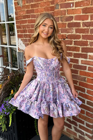 Fashion A Line Scoop Neck Lavender Jacquard Satin Homecoming Dress AB25081202