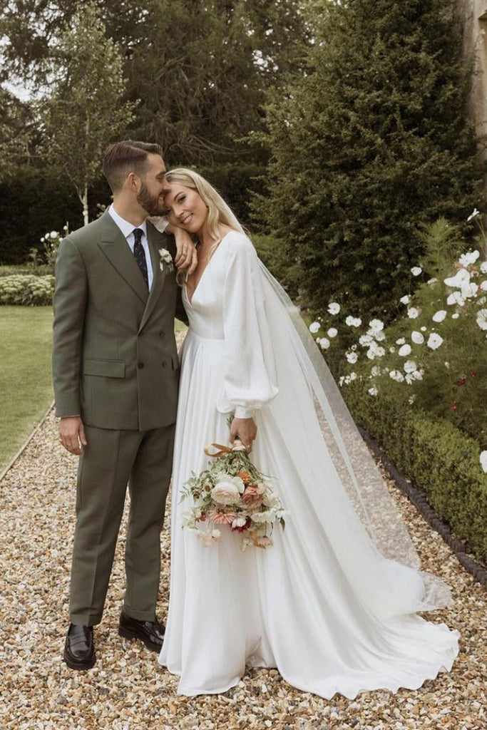 Fairy A Line Deep V Neck Silk Satin Long Wedding Dresses with Open Back AB082405 Anniebride Fairy A Line Deep V Neck Silk Satin Long Wedding Dresses with Open Back AB082405 Anniebride