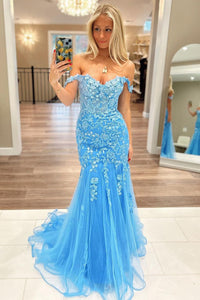 Cute Mermaid Sweetheart Blue Lace Long Prom Dress with Appliques AB4010106