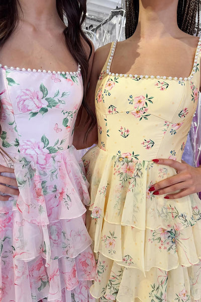 Cute A Line Square Neck Floral Chiffon Prom Dress with Beading AB26030508