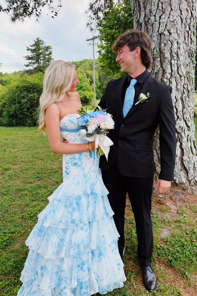 Cute Mermaid Strapless White Blue Floral Chiffon Prom Dress with Slit AB26050709