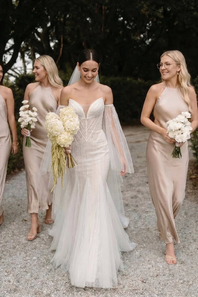 Sheath Straps Champagne Silk Satin Long Bridesmaid Dress AB26060114