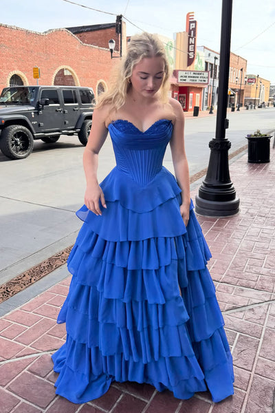 Cute A Line Sweetheart Royal Blue Tiered Chiffon Prom Dress AB26031309