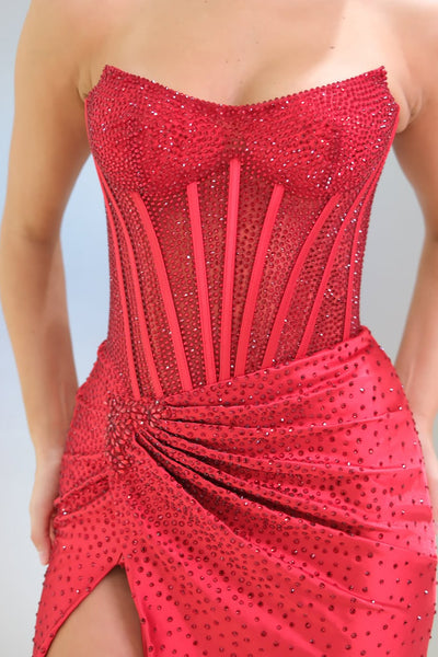 Charming Mermaid Scoop Neck Red Satin Prom Dress with Hot Stone AB25111405