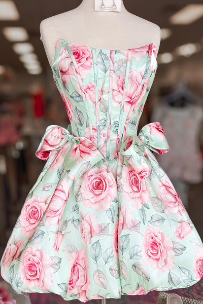 A Line Scoop Neck Floral Satin Short Homecoming Dress AB26071607