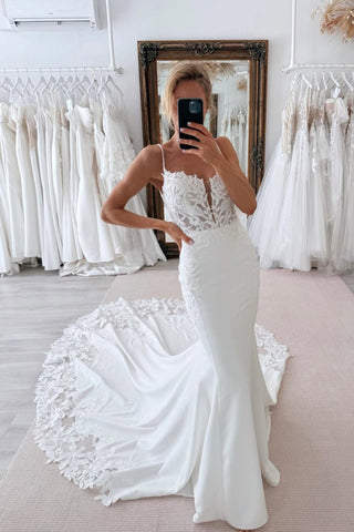 Boho Mermaid V Neck Beach Wedding Dresses with Lace AB25050705
