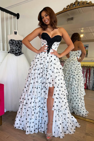 Cute A Line Sweetheart White Black Dot Chiffon Prom Dress AB26020303