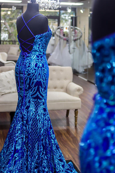 Sparkly Mermaid Scoop Neck Blue Sequins Long Prom Dresses AB100403