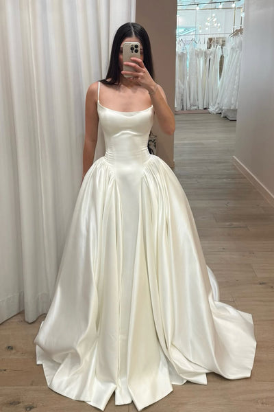 Gorgeous A Line Sqaure Neck Satin Wedding Dress AB26061413