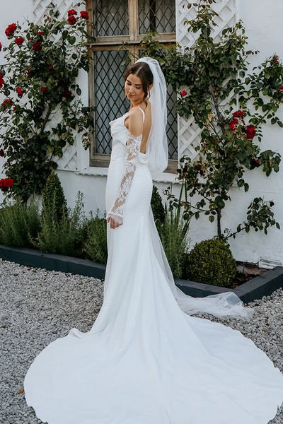 Mermaid Cowl Neck Elastic Satin Wedding Dress with Appliques AB25092302