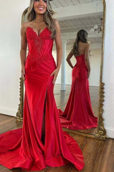 Cute Mermaid V Neck Red Satin Long Prom Dress with Appliques AB021513