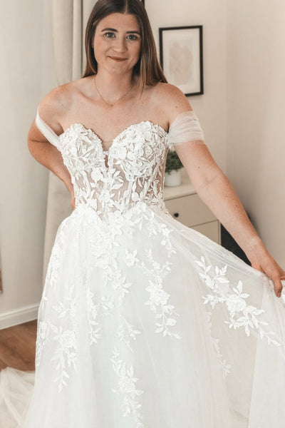 Fairy A Line Off the Shoulder Tulle Wedding Dress with Appliques AB25092520